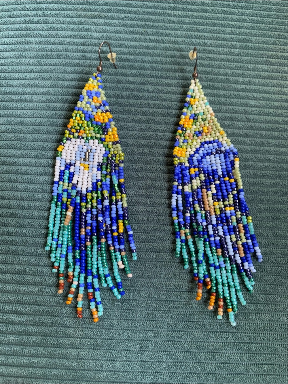 Handmade Multicolor Seed Bead Fringe Earrings — Blue & Turquoise Van Gogh Etsy